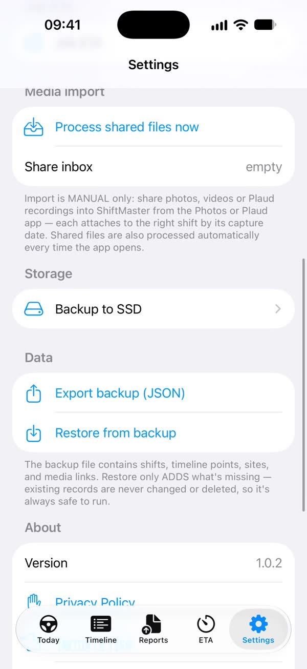 Settings with Backup to SSD, Export backup (JSON) and Restore from backup