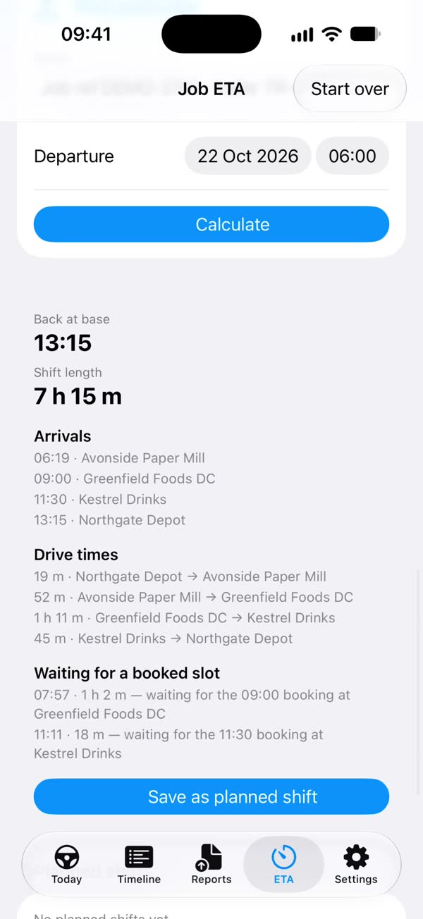 Job ETA plan with arrival times, drive times and waits for booked slots