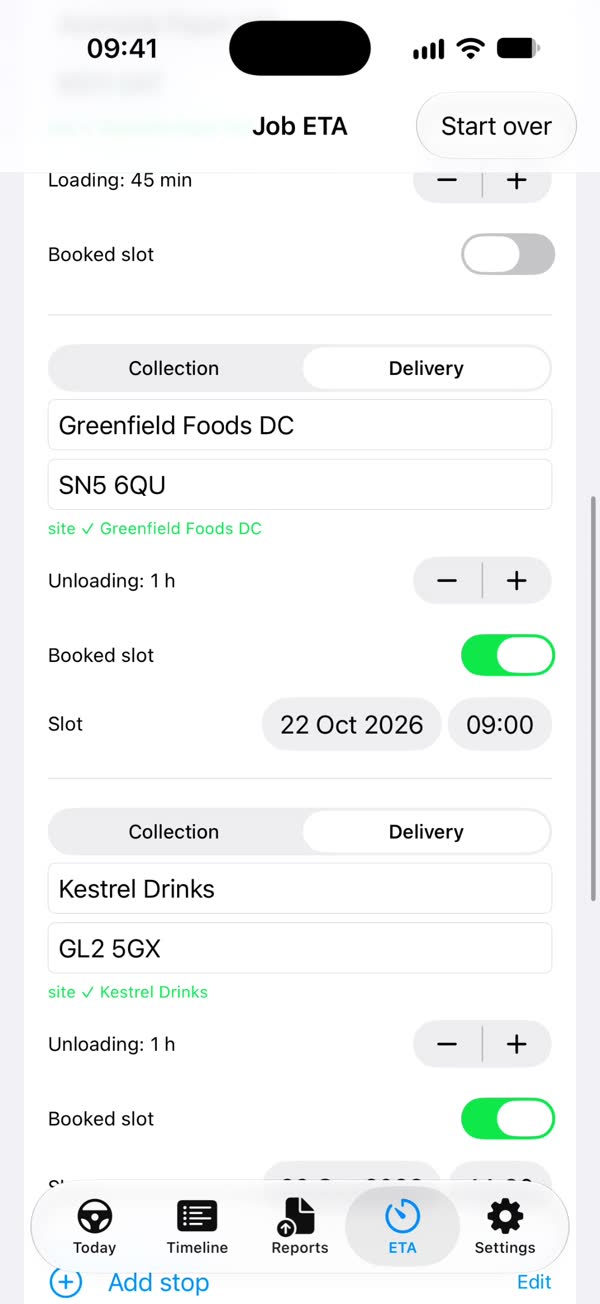 Job ETA review screen with stops, postcodes and booked slots read from a job sheet