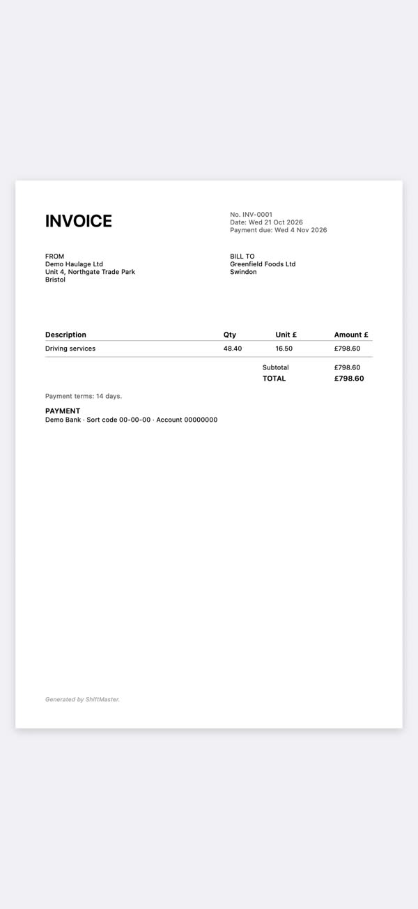 The invoice PDF the app produces