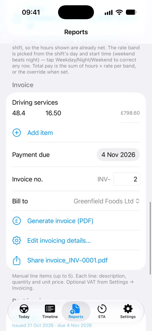 Invoice screen with Bill to, invoice number and Generate invoice (PDF)