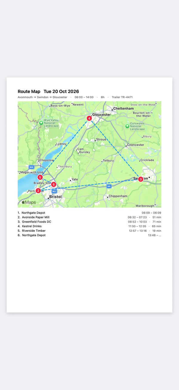 Map report PDF with numbered stops