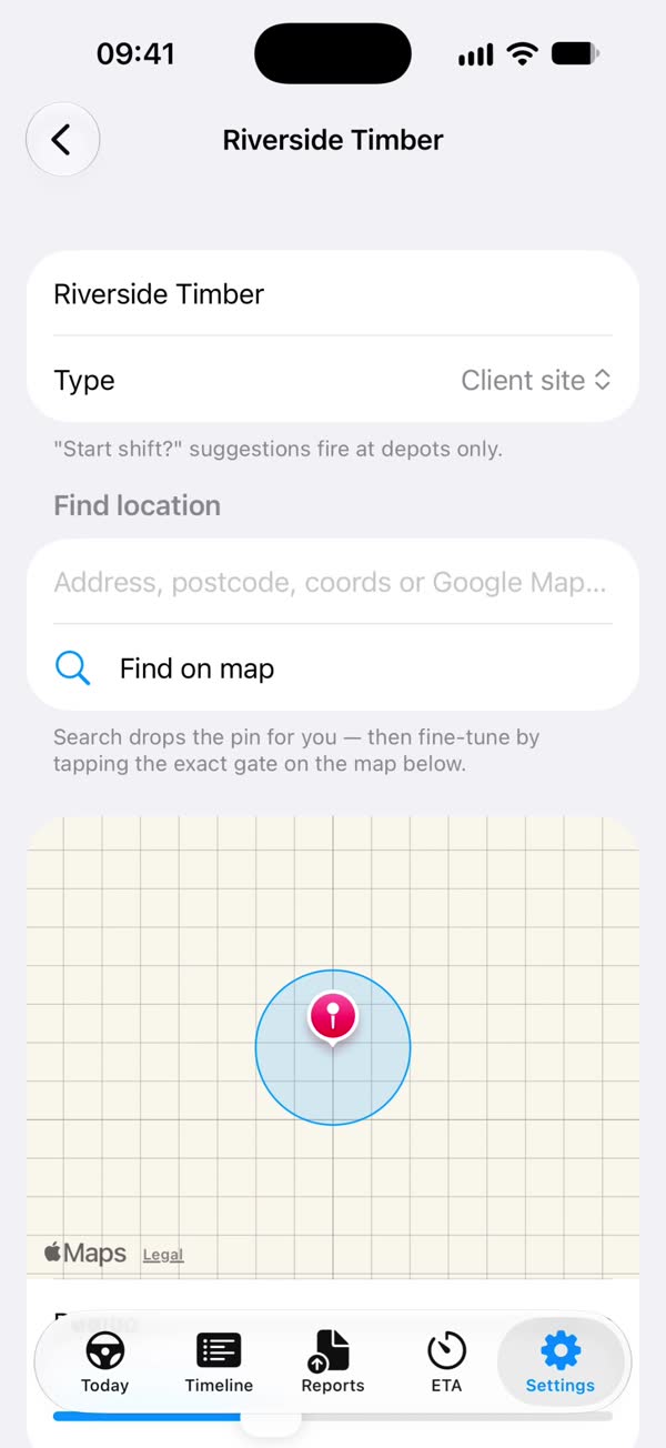 Site settings with a map and radius for a saved site