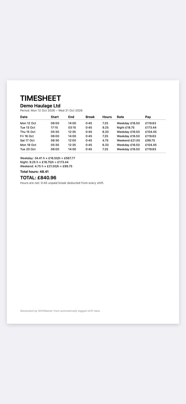 The timesheet PDF the app produces