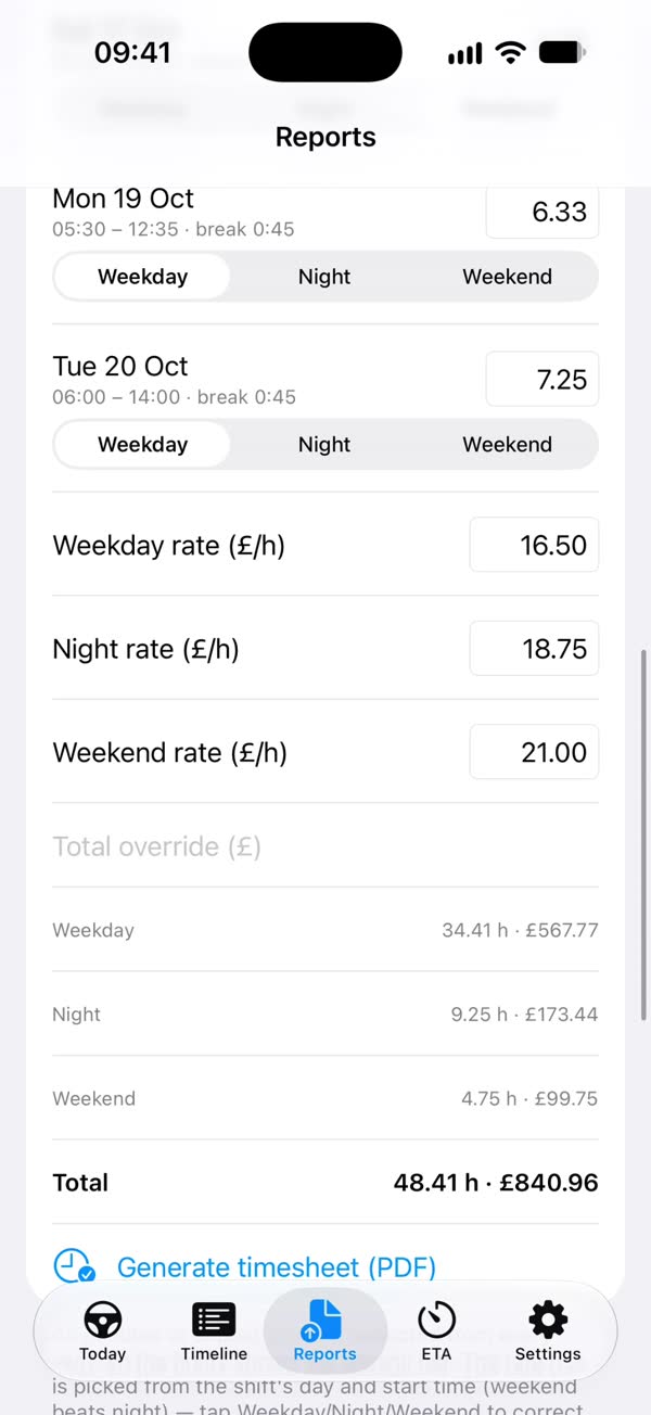 Timesheet screen with weekday, night and weekend rates and a total