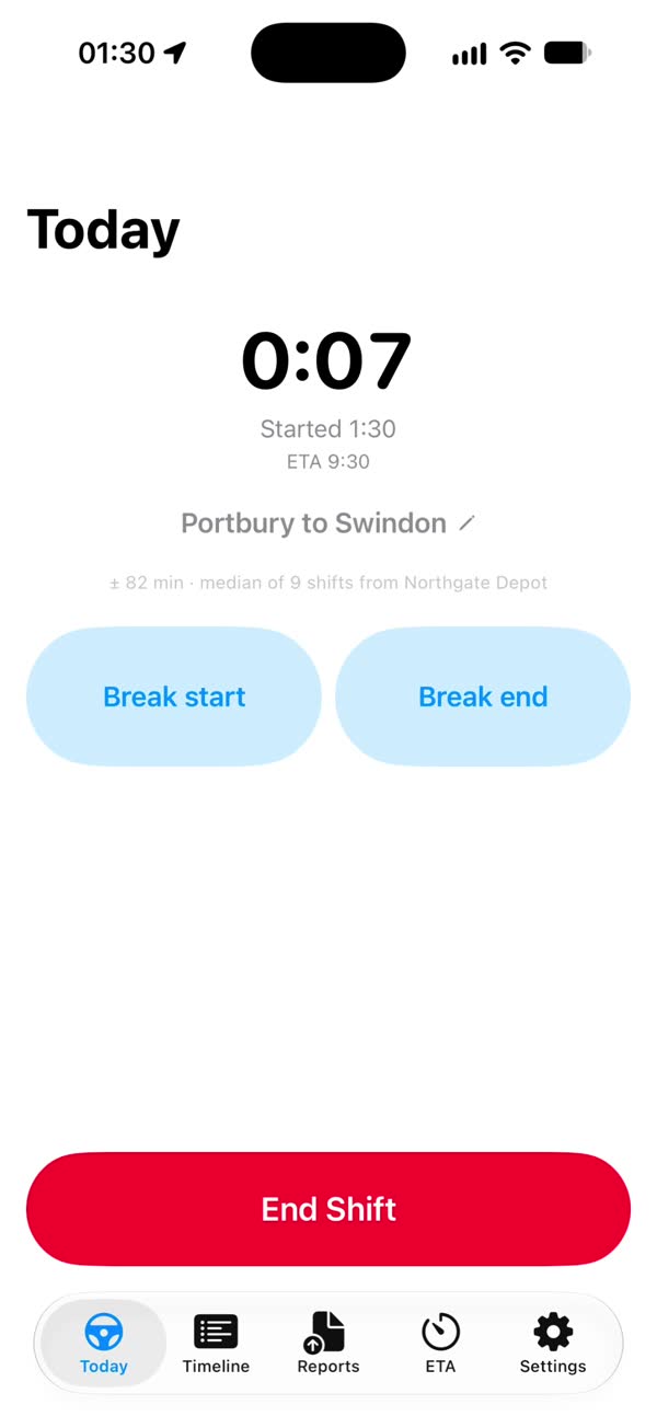 Today tab during a running shift, with Break start, Break end and End Shift buttons